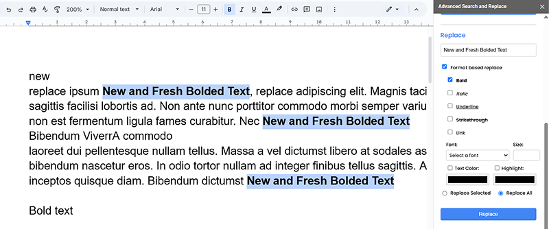 Bold text replace after