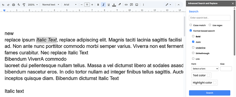Italic text replace before