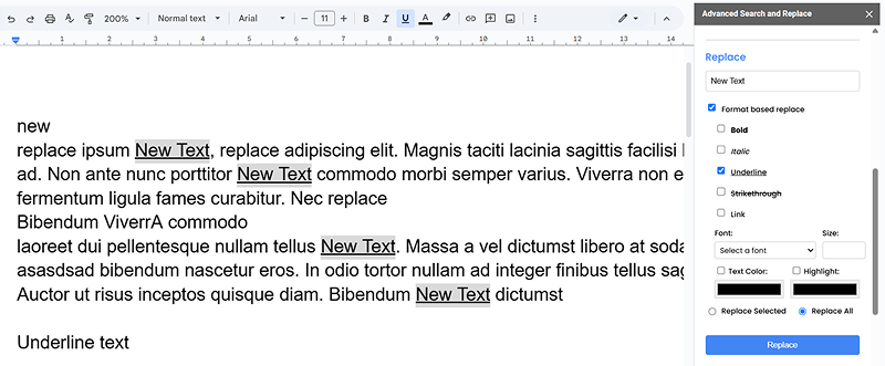 Underline text replace after