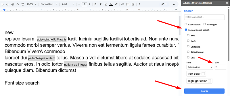 Font size search