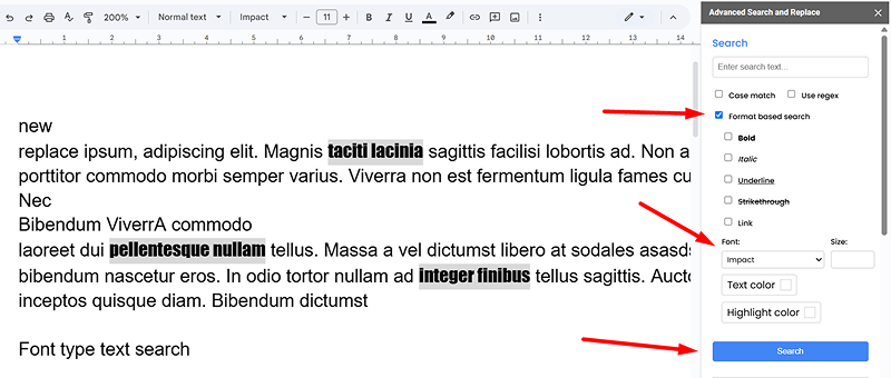 Font type text search
