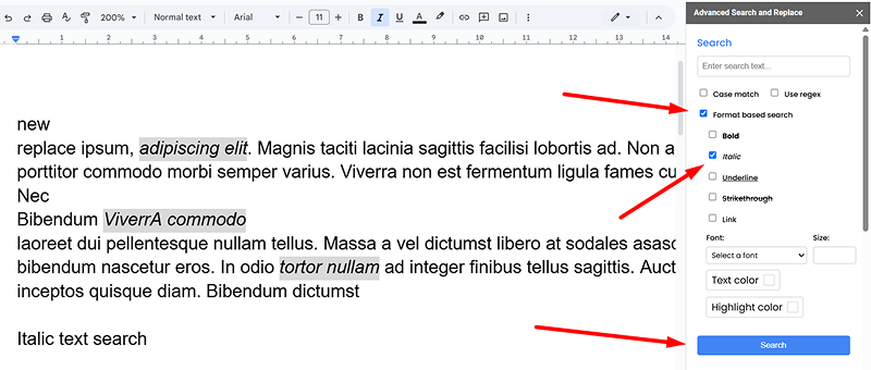 Italic text search