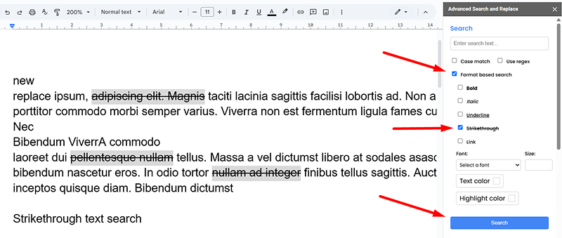 Strikethrough text search