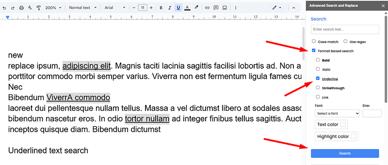 Underlined text search